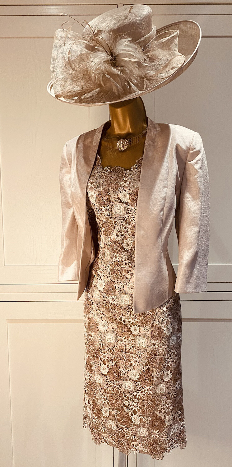 Jacques Vert Oyster Lace Overlay Dress UK 10 & Shantung Edge To Edge Jacket 12