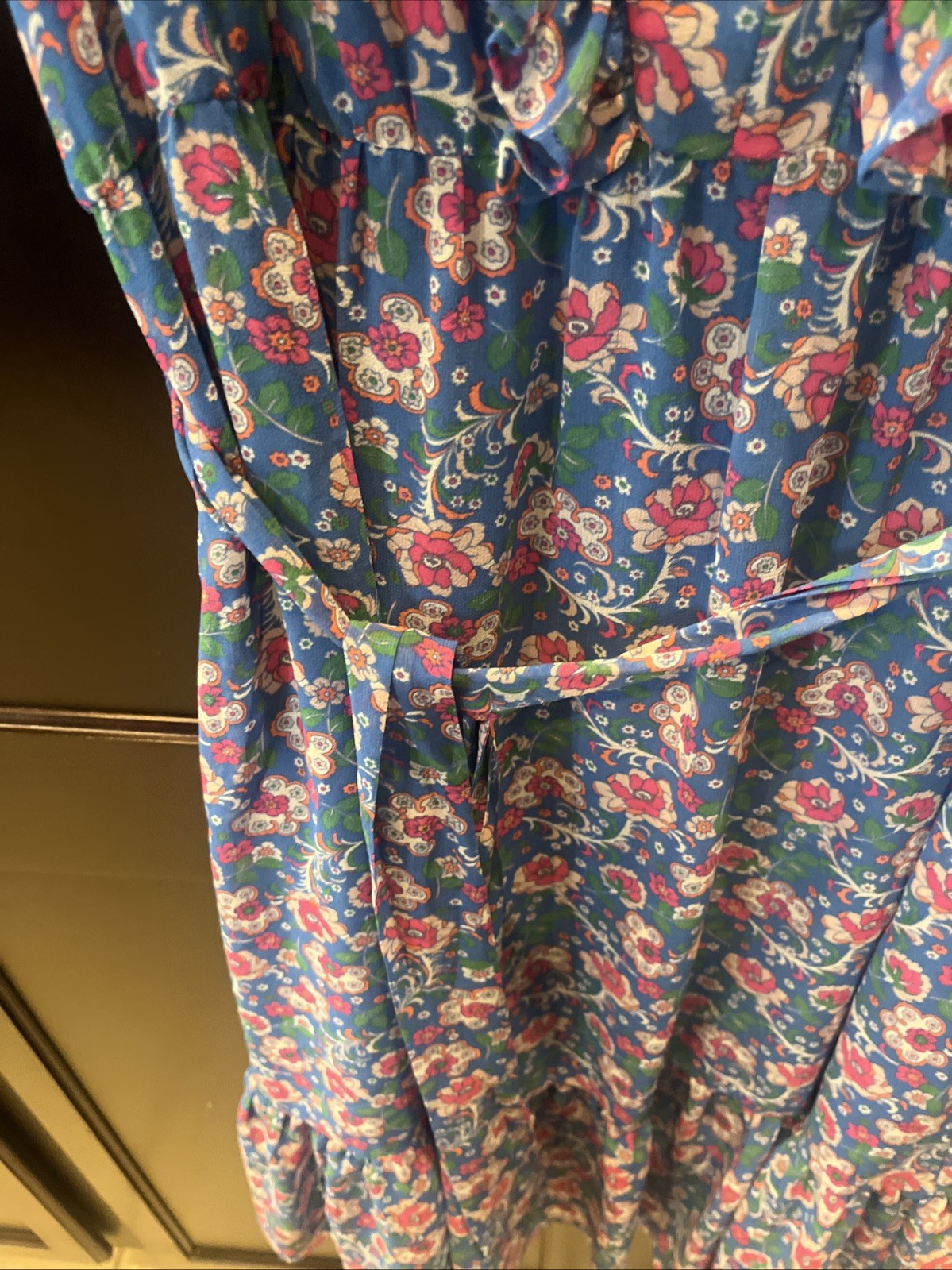 Boden Blue Floral Ruffled Midi Dress With Side Zip And Front Tie Size 8