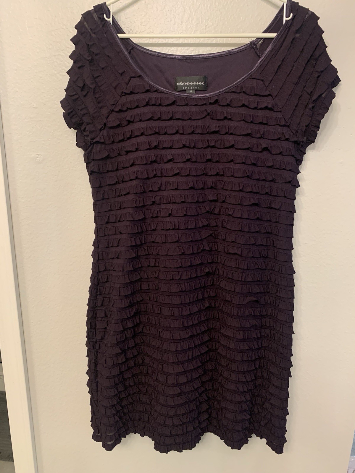 Connected Apparel Women’s Dress, Sz 14, Deep Purple,Ruffles, Rnd Neck,Cap Sleeve