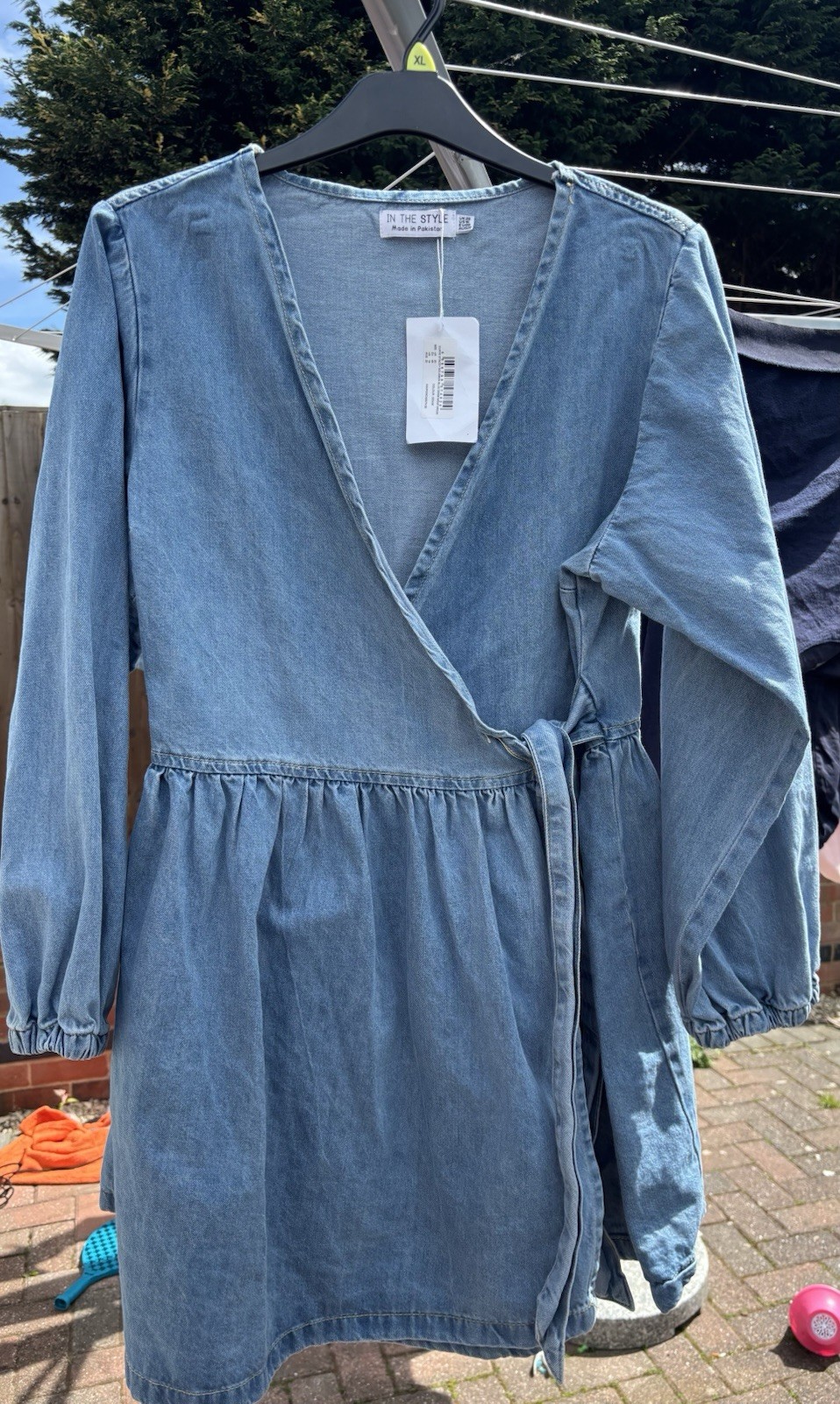 In The Style Organic Cotton Denim Blue Wrap Dress V-Neck Long Sleeve Tie UK 20