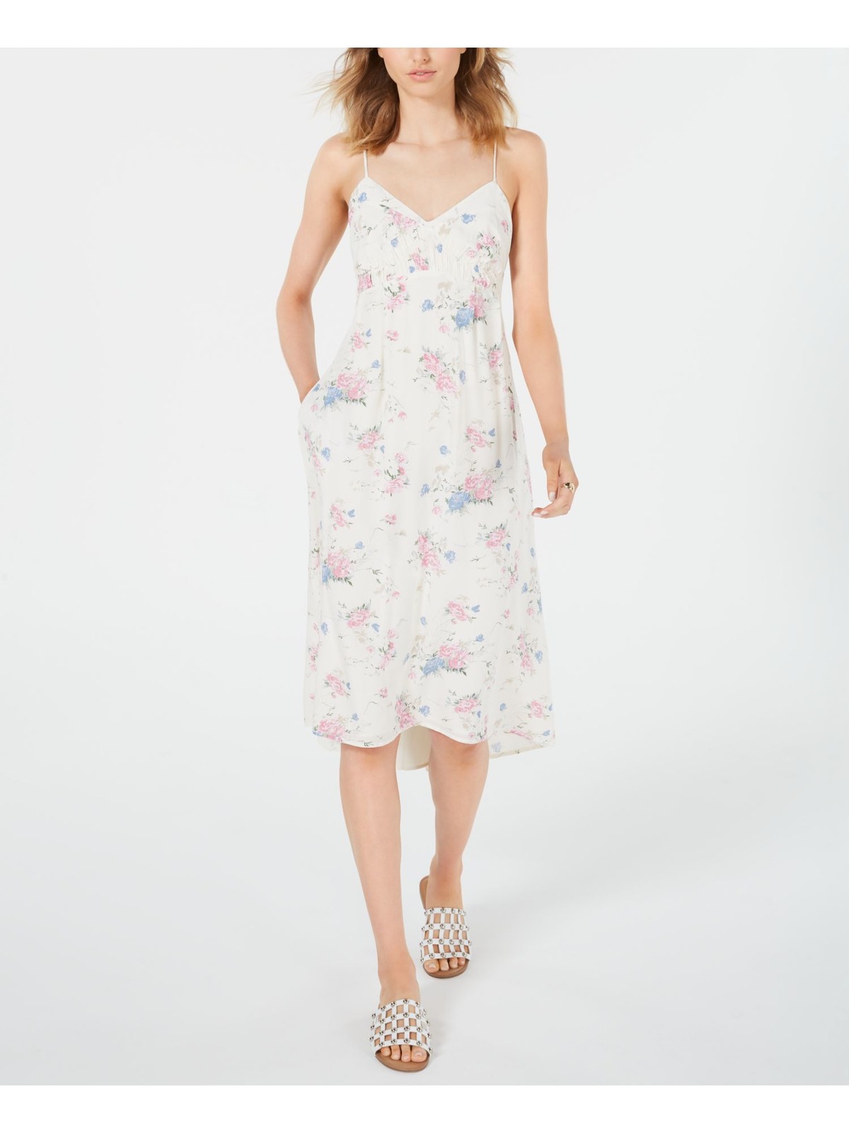LEYDEN Womens White Floral Spaghetti Strap V Neck Midi Pleated Dress L