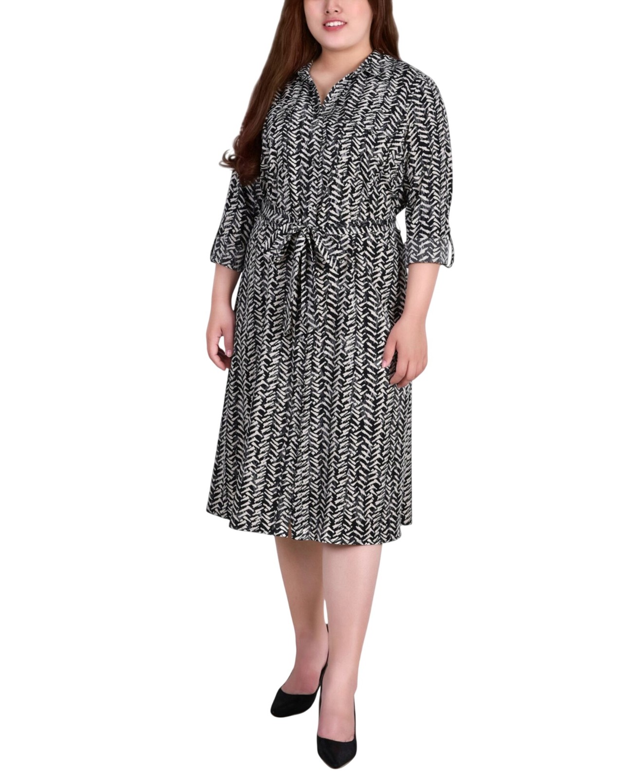 Ny Collection Tab Belted Plus Size Printed Shirt Dress Black White Zig Zag 1X