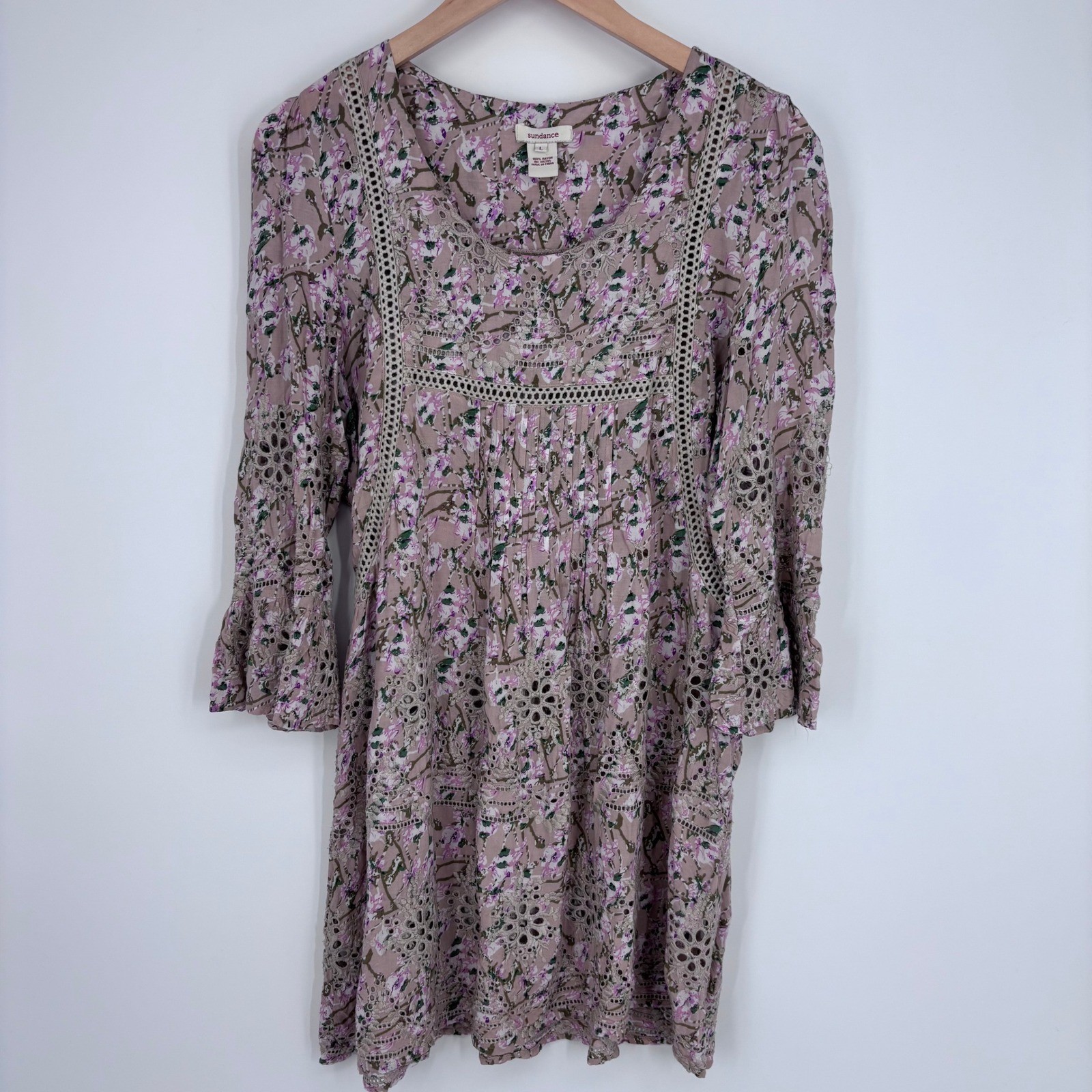 Sundance Tunic Dress Womens Large Pink Floral Eyelet Lace Boho Peasant Mini