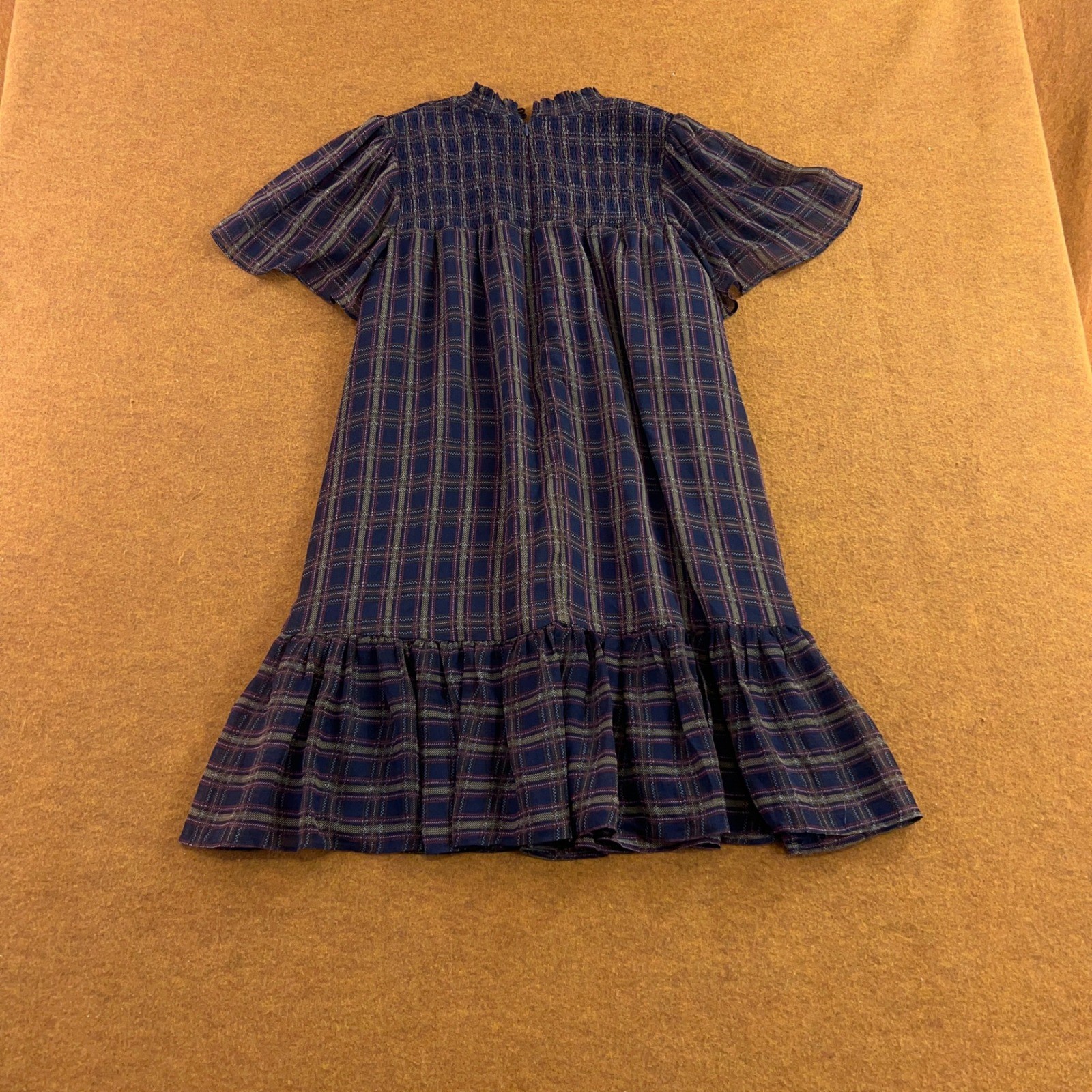 AQUA Womens Large Navy Plaid Smocked Ruffle Mini Dress NWT