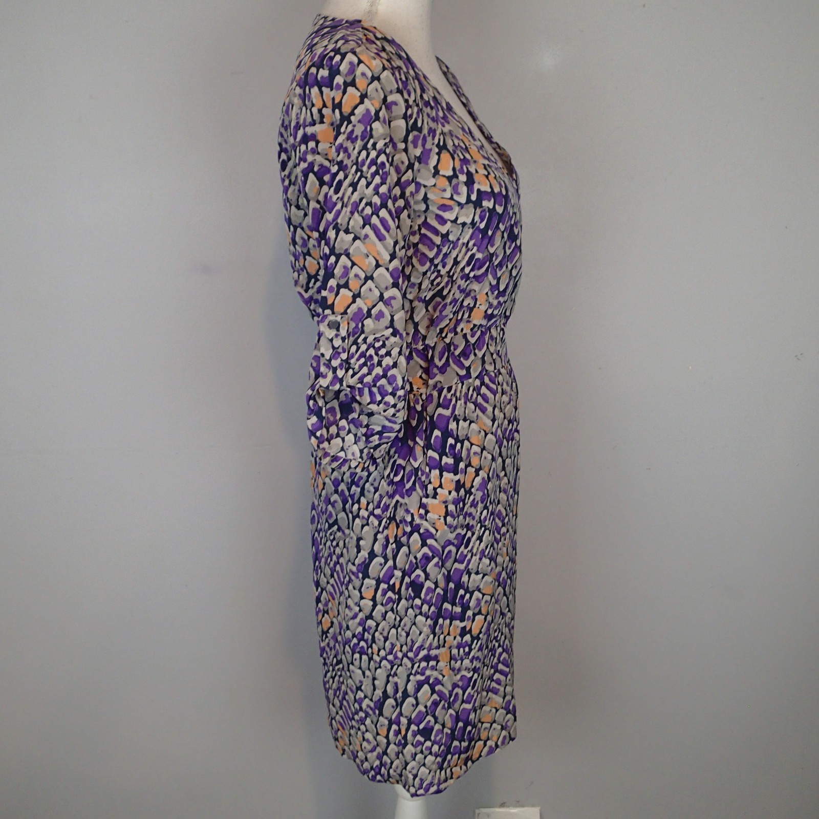Presley Skye Dress xs Gray Purple Wrap Silk Roll Tab Sleeve v neck pockets
