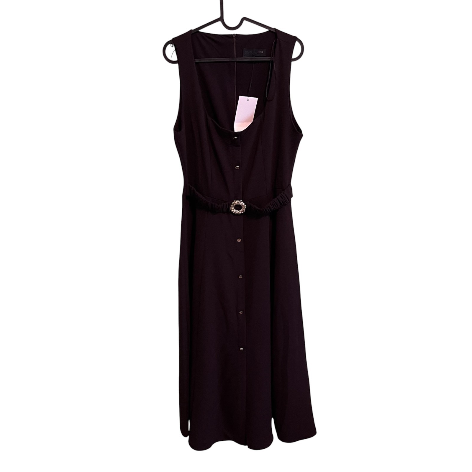Zara Belted Midi Dress Brown Sleeveless Square Neck Gold Buckle XS S M L XL NWT