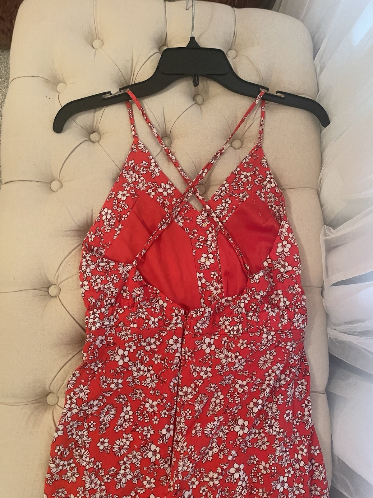 Red Floral Sundress Spaghetti Straps, Size Med Criss Cross Back & Zip Closure
