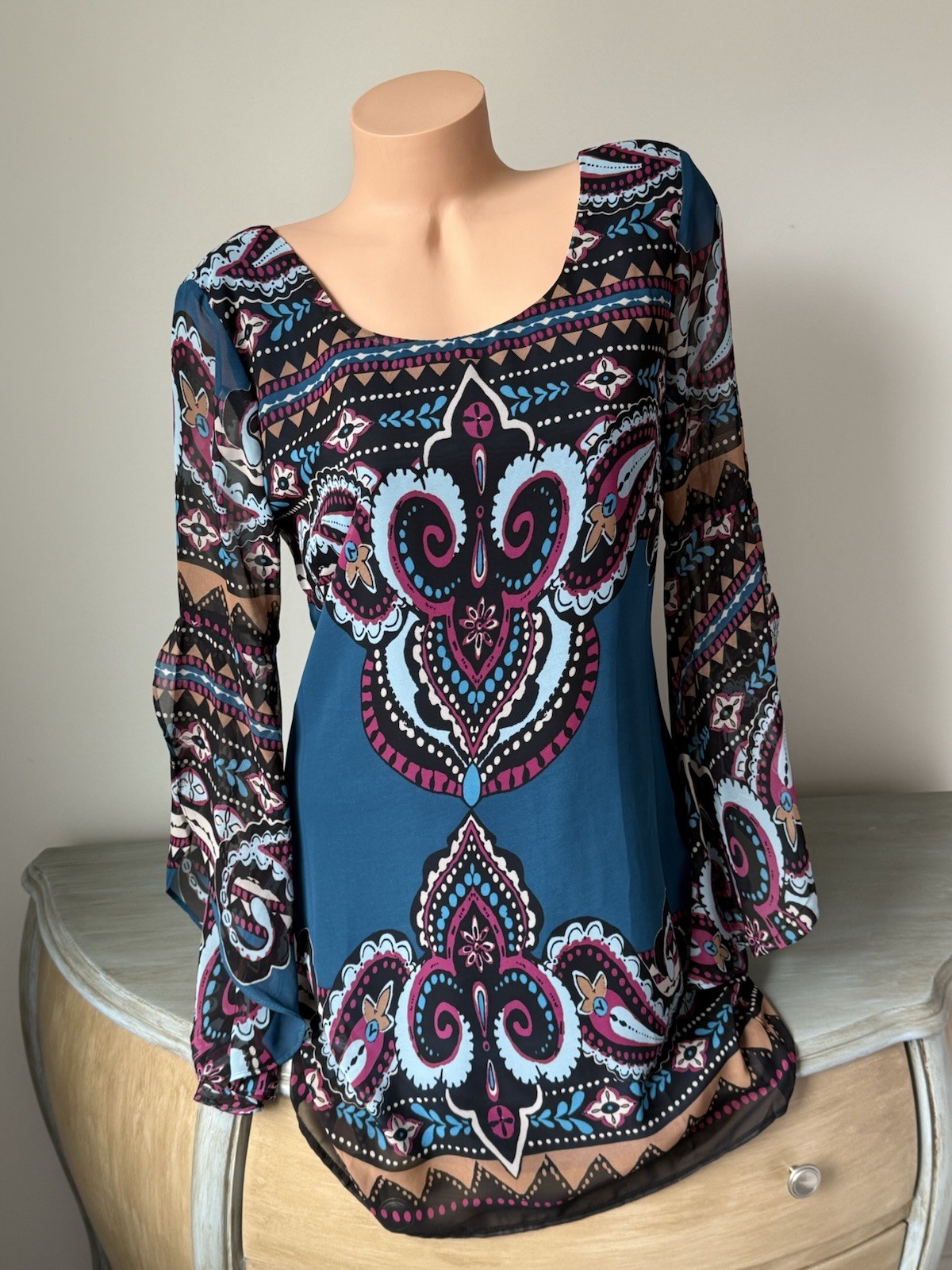 Pink Owl M Boho ladies Dress Lined Chiffon 3/4 split sleeve Layered Indie