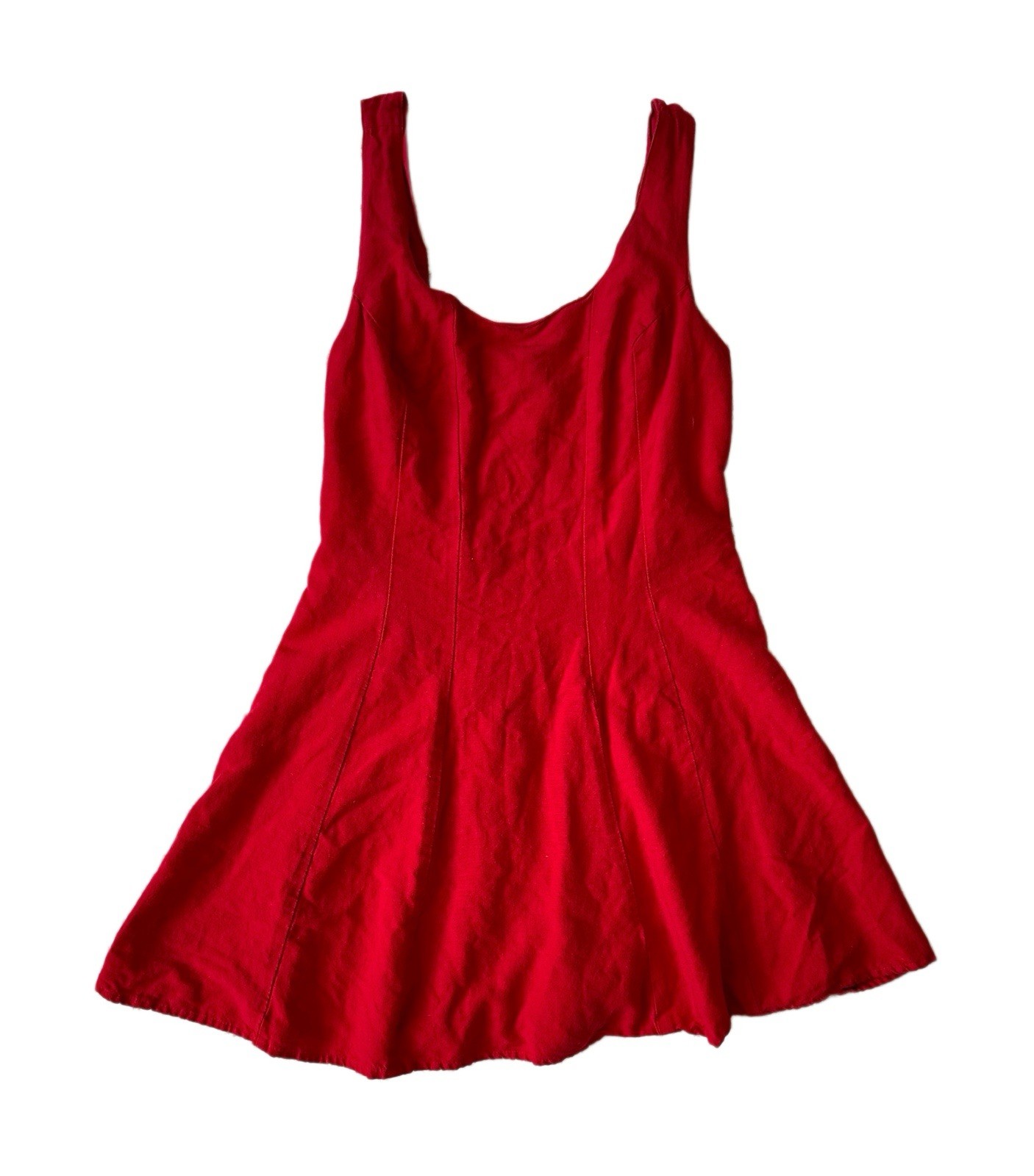 Japna Medium Rayon Cotton Flax Red Mini Fit & Flare Dress Tank Lined Smocked