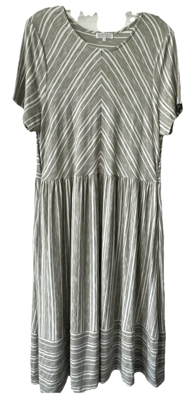 Sweet Salt Maxi Dress Womens L Gray-Green & White Striped Ditzy Cottagecore