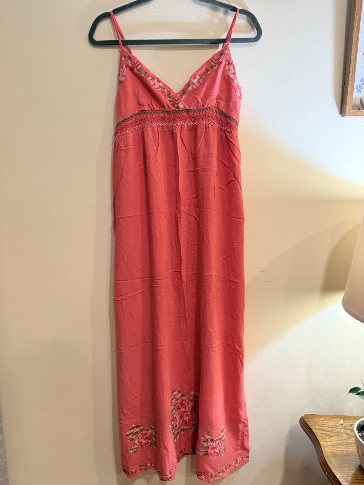 Forever Twenty One Pink Floral Embroidered V-Neck Smocked Maxi Dress Size M
