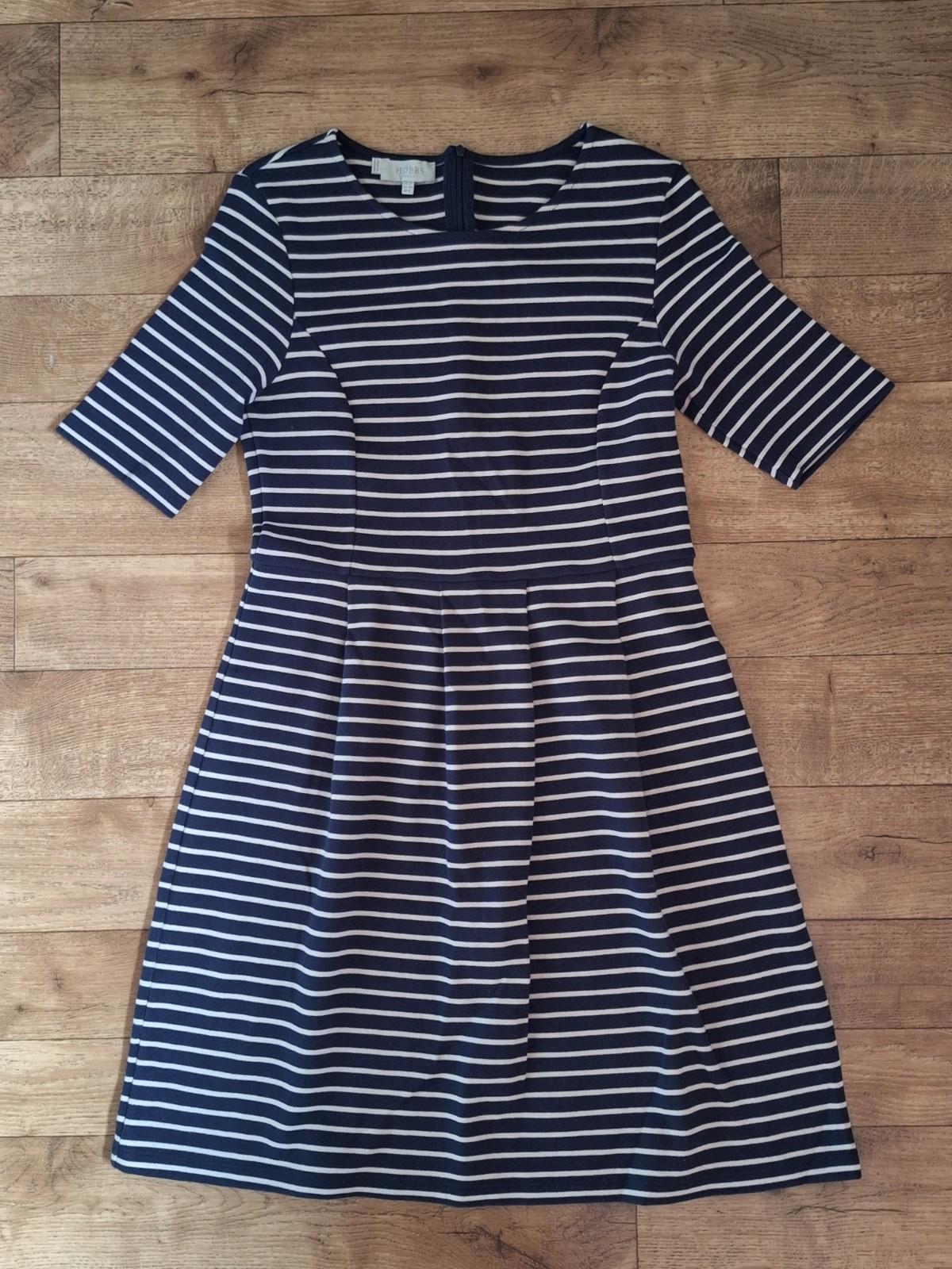 Hobbs London Striped Pleated Cotton Navy Fit & Flare Dress UK 12 EU 40 USA 8