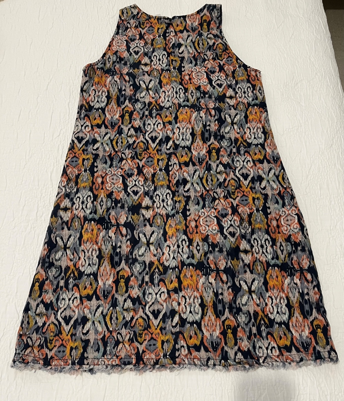 Garnet Hill 100% Linen Ikat Shift Dress Pockets Frayed Hem Sz 4 Blue Orange