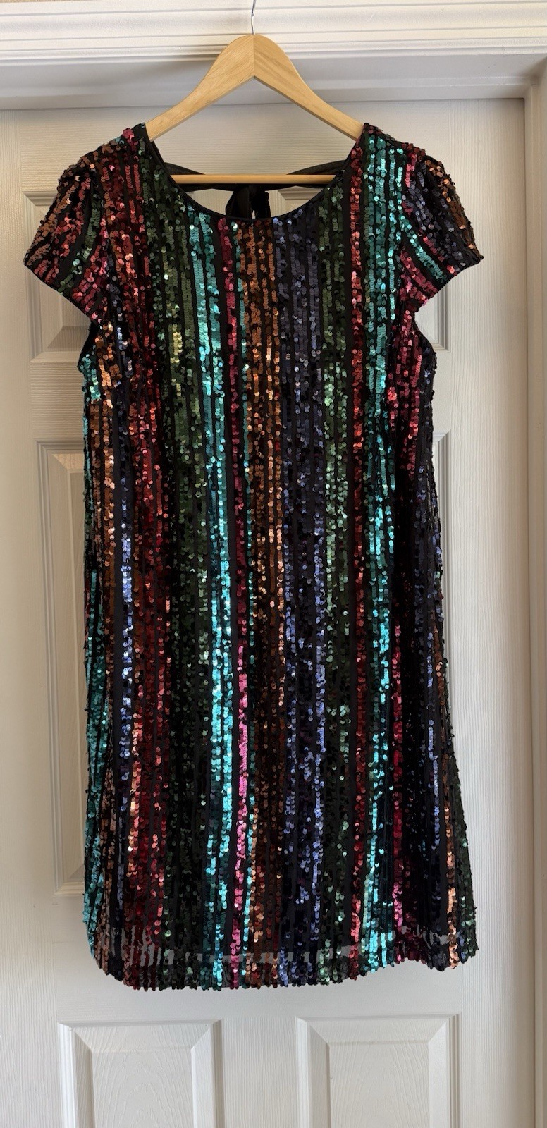 Maia Sequin Shift Dress Womens 14 Multicolor Striped Cap Sleeve Back Tie Mini