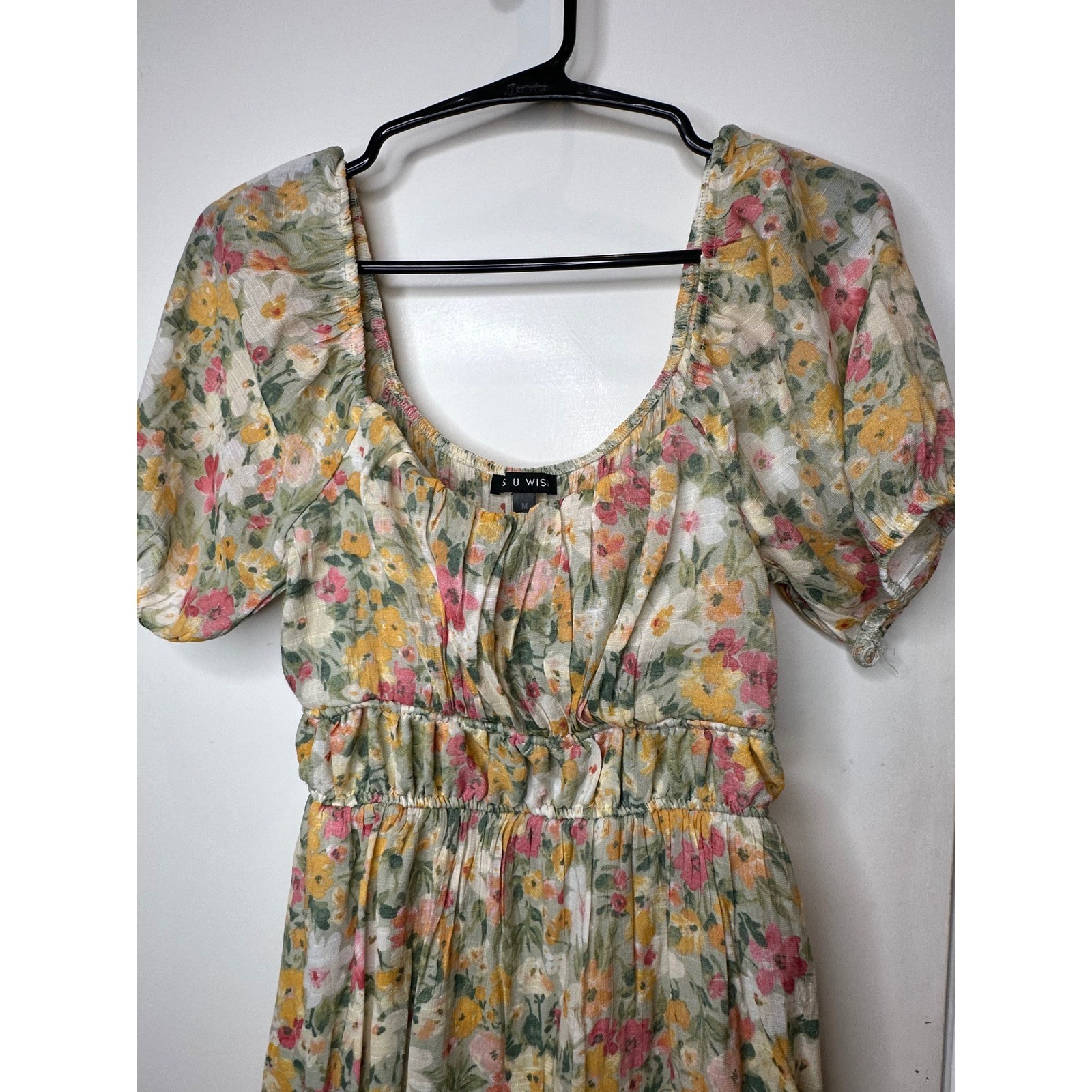 SU WISH Floral Puff Sleeve Mini Dress Yellow Pink Green Ruched Tiered Size M