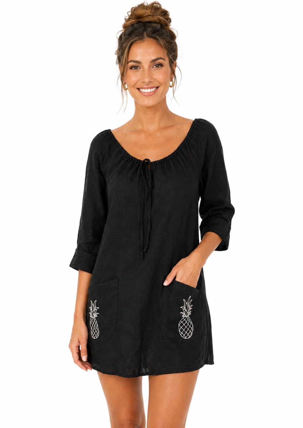 Reformation Black 100% Linen Mini Shift Dress Pineapple Embroidered Pockets S
