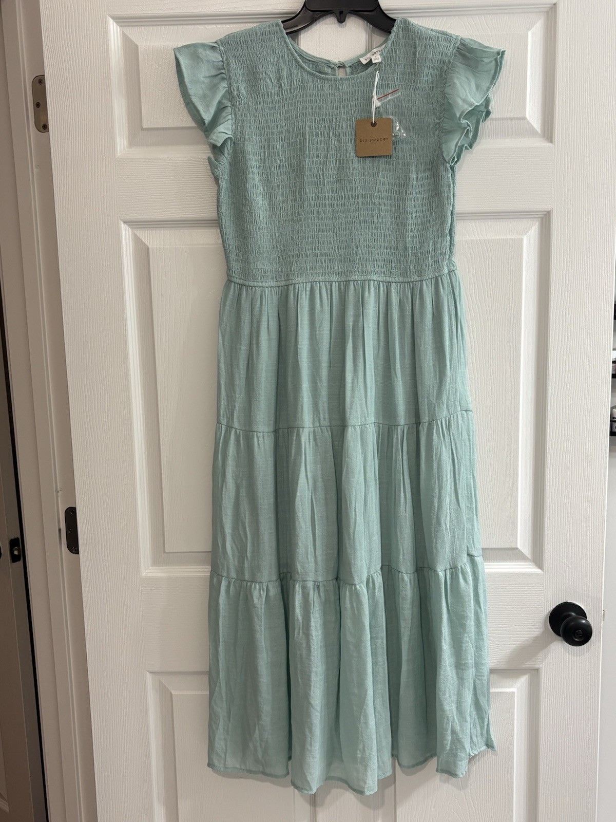 Blu Pepper Smocked Flutter Sleeve Tiered Dress Size Large Turquoise NWT