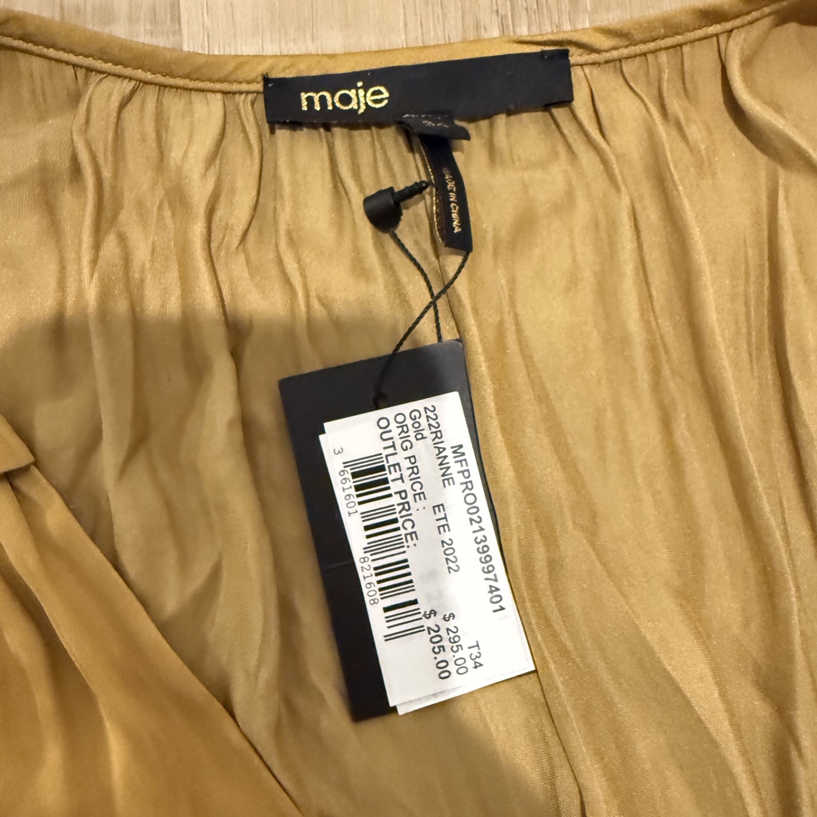 Maje Riane Ruched Satin Mini Dress in Gold Size 35 (NWT)