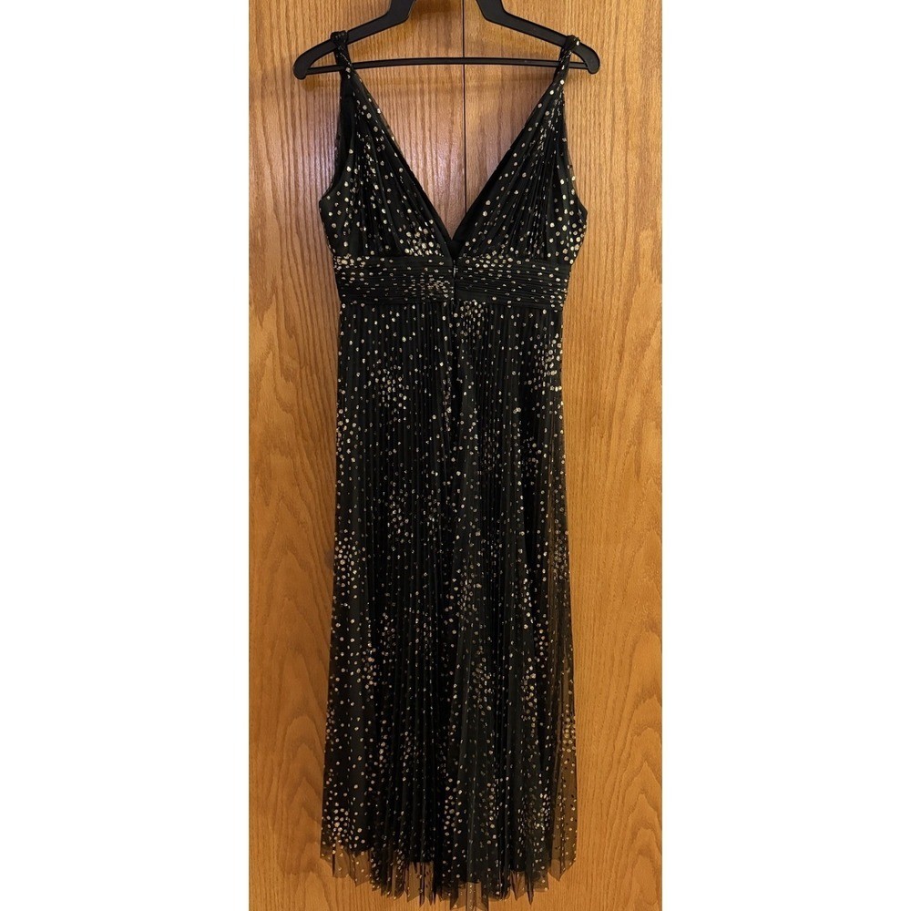 Jill Jill Stuart Black Gold Polka Dot Pleated Tulle V-Neck Gown Dress Size 6