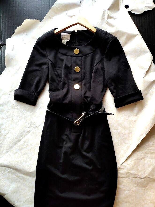 Donna Morgan Size 4 Black Slip-On Dress Vinyl Belt Gold Button/Buckle 3/4 Sleeve