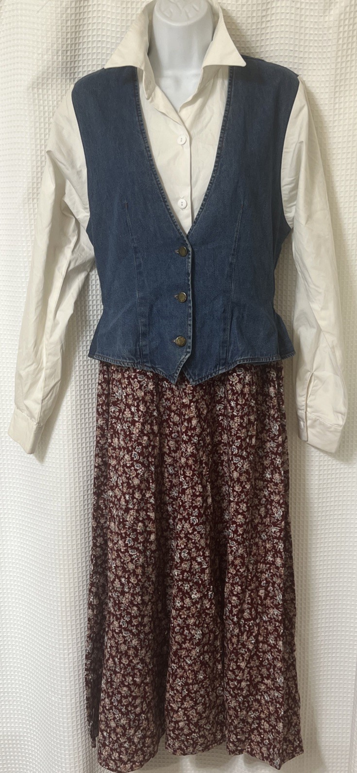 Vintage Coastal Cowgirl Dress Womens 7/8 M Denim Vest Flowy Skirt MIDI Boho 90s
