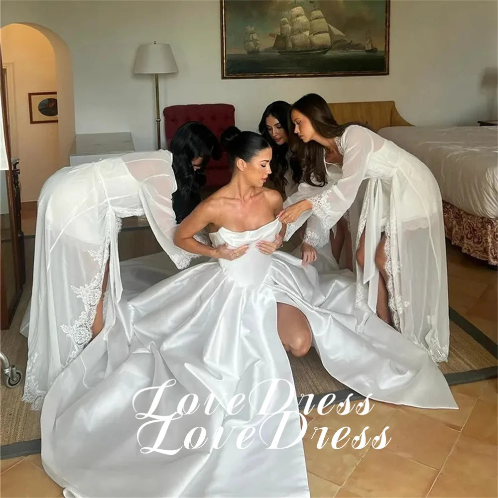Simple Stain Strapless Pleats High Side Slit Wedding Dress Pastoral Sleeveless
