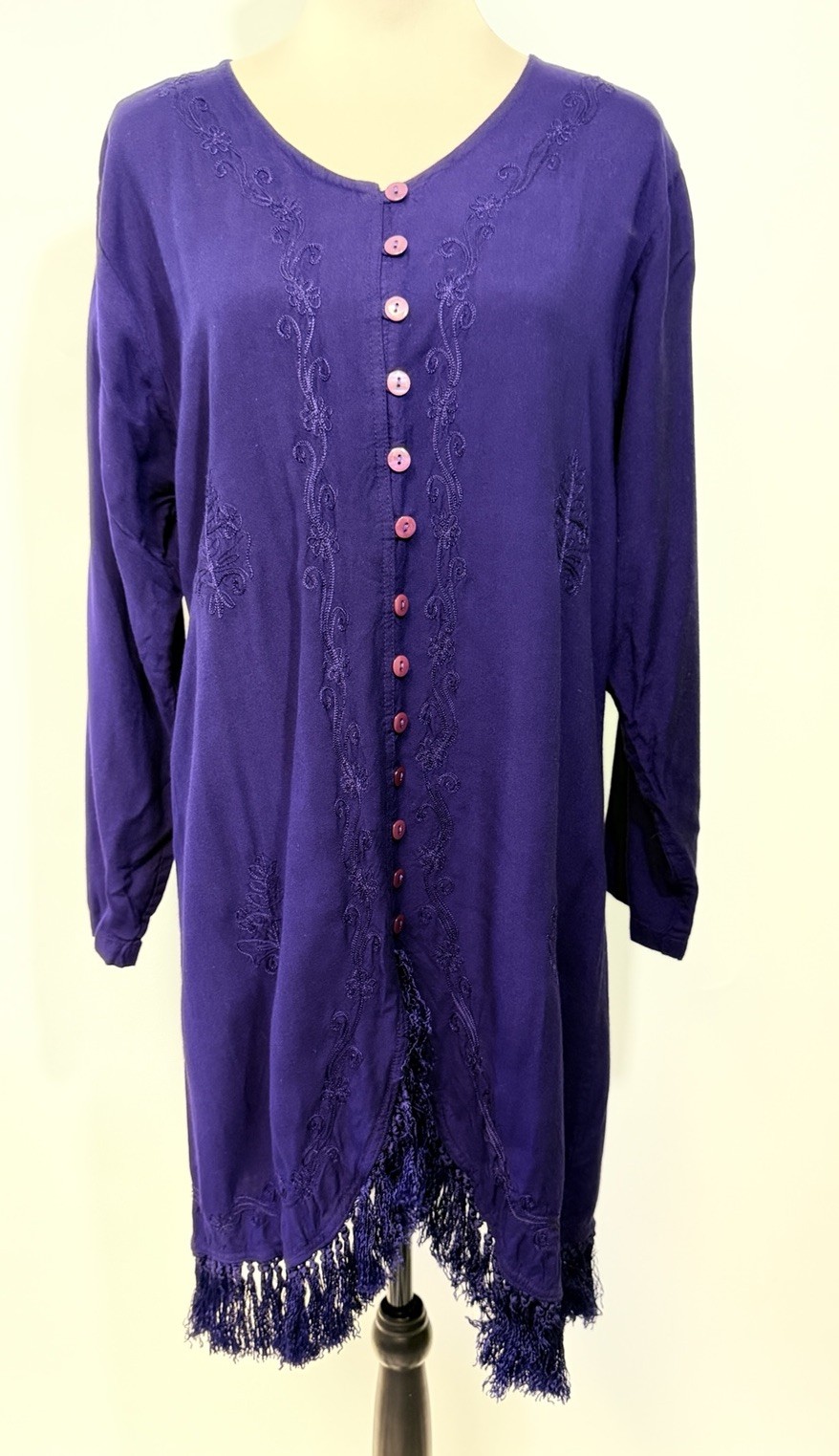 Boho Lagenlook Tunic Top Jacket Womens Full Button Purple Embroidered Fringe XL
