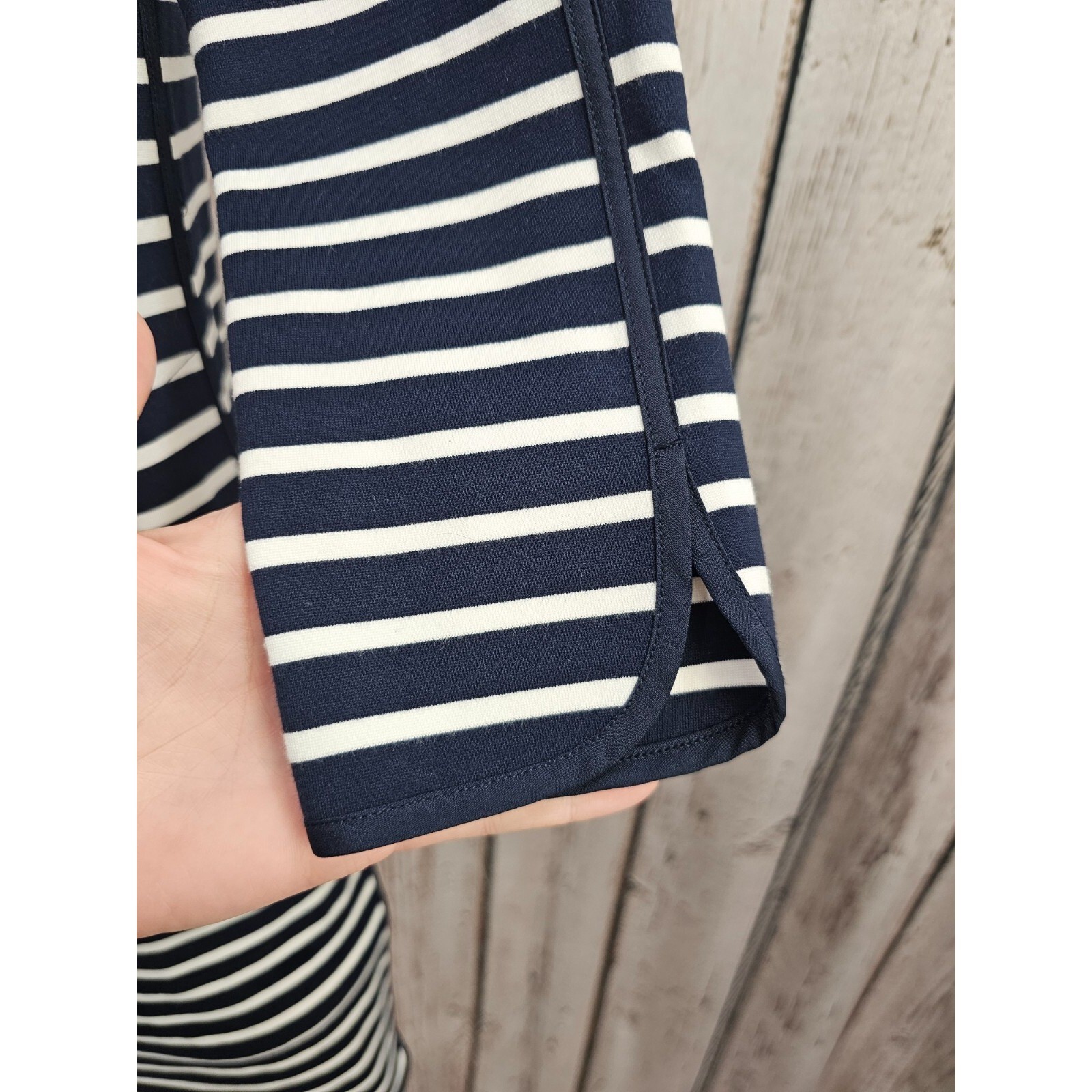 Lands’ End 2 Navy White Striped 3/4 Sleeve Shift Sheath Dress Nautical EUC