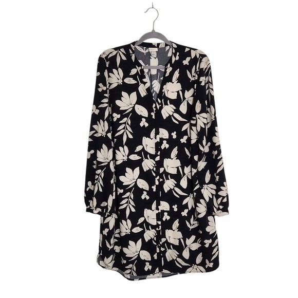 A New Day Black and Cream Floral Print Shirt Dress Size Large