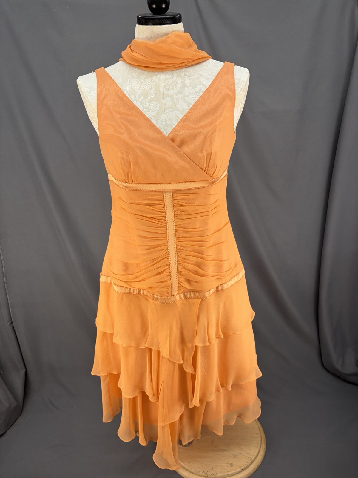 VTG CAILAN’D Orange Beaded Ruffled Midi Dress Size 16 with Matching Neck Scarf