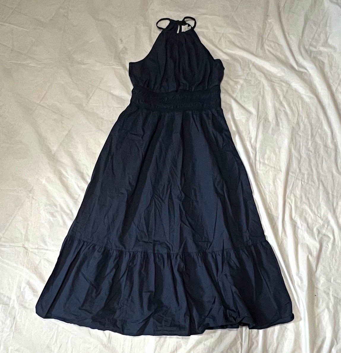 A New Day Black 100% Cotton Halter Smocked Tiered Midi Dress Sleeveless Size S