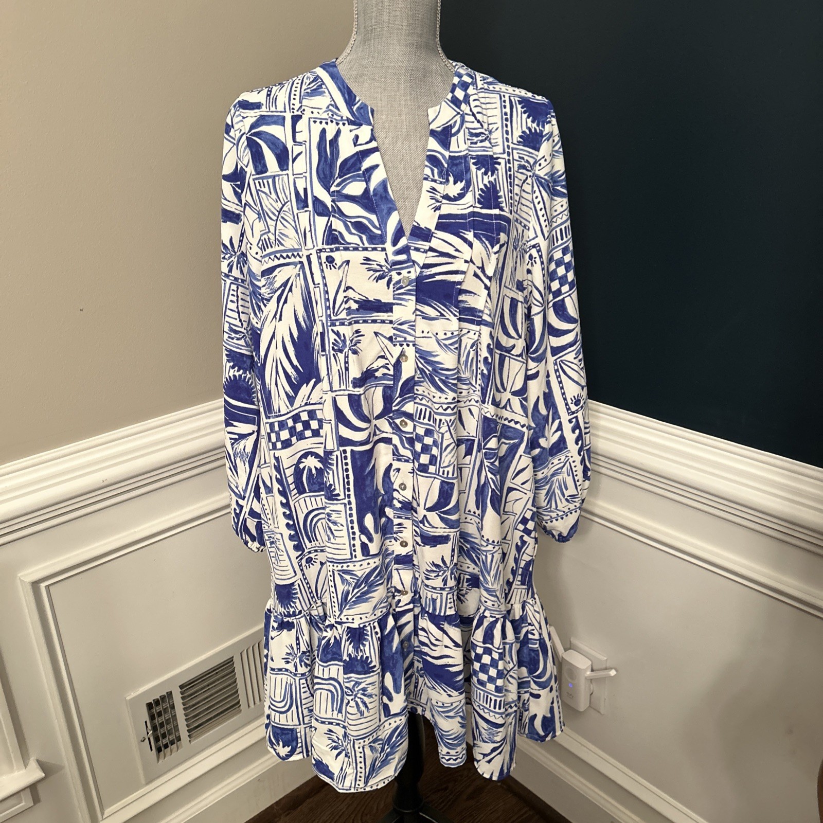 NWT Rachel Zoe Palm tropical resort vacation tiered shirt dress XL