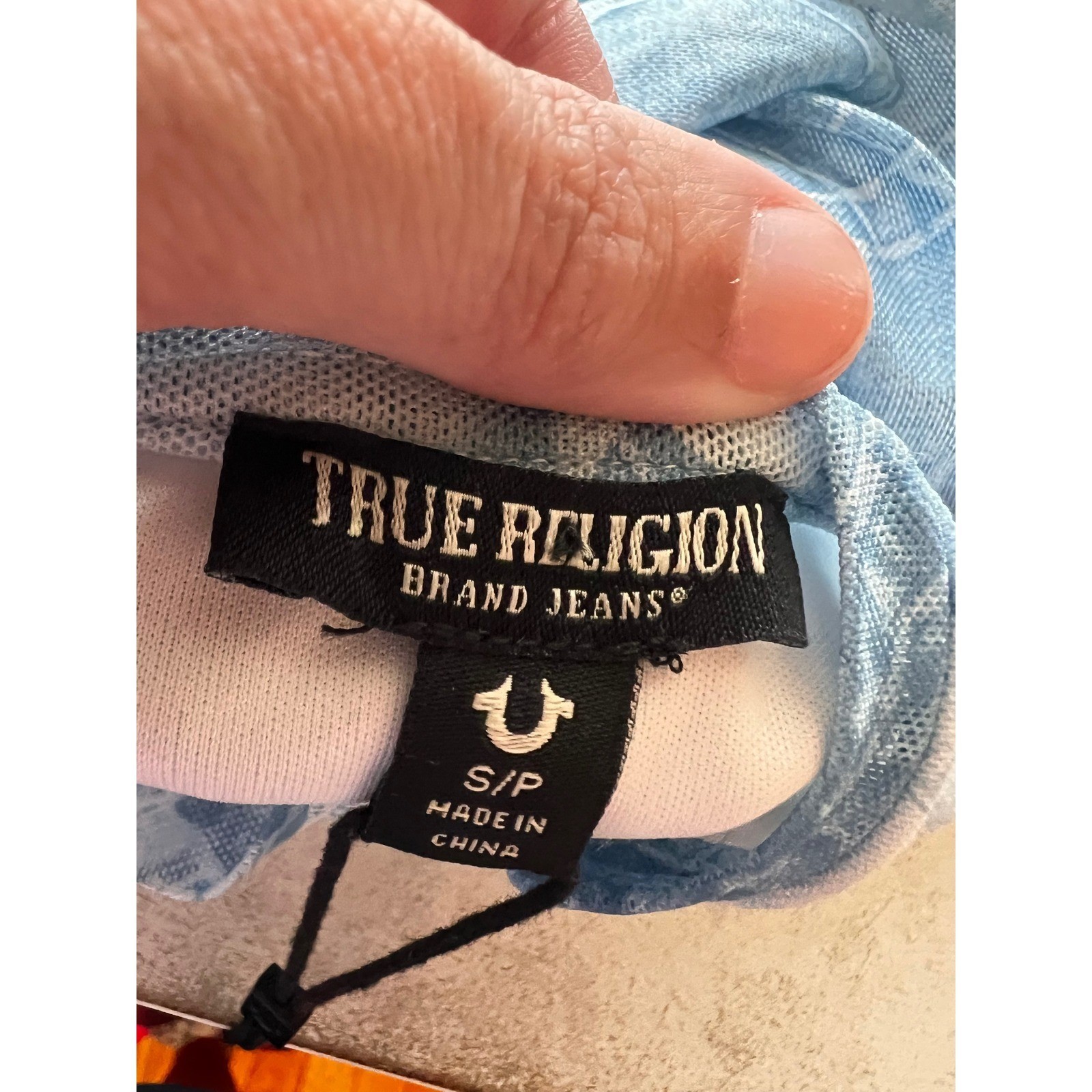 True Religion Denim Print Mesh Lined Midi Dress Blue AOP Bodycon S NEW 90s Y2K