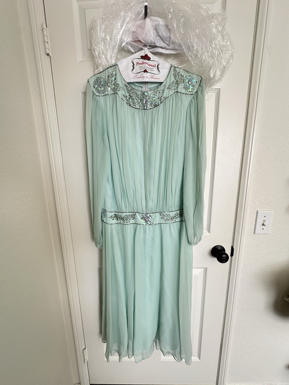 Rimini Light Mint Green Beaded Maxi Vintage Silk Dress Size 10