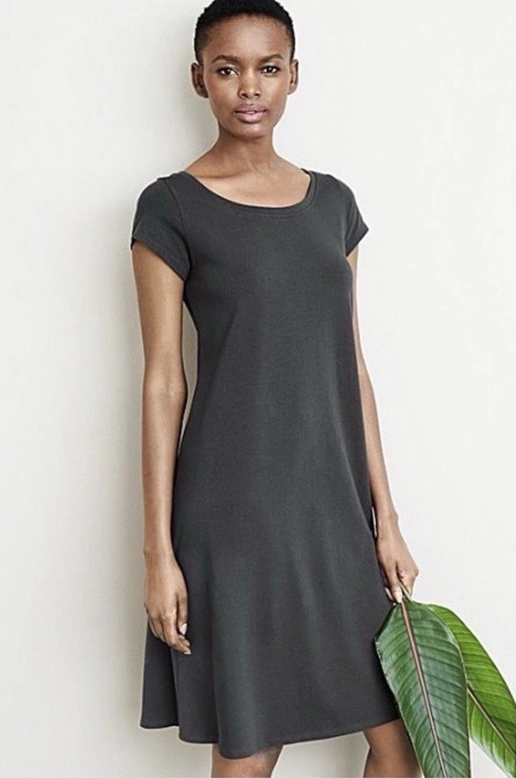 Eileen Fisher Organic Cotton Cap Sleeve Dress Large Gray Minimalist Stretch Chic