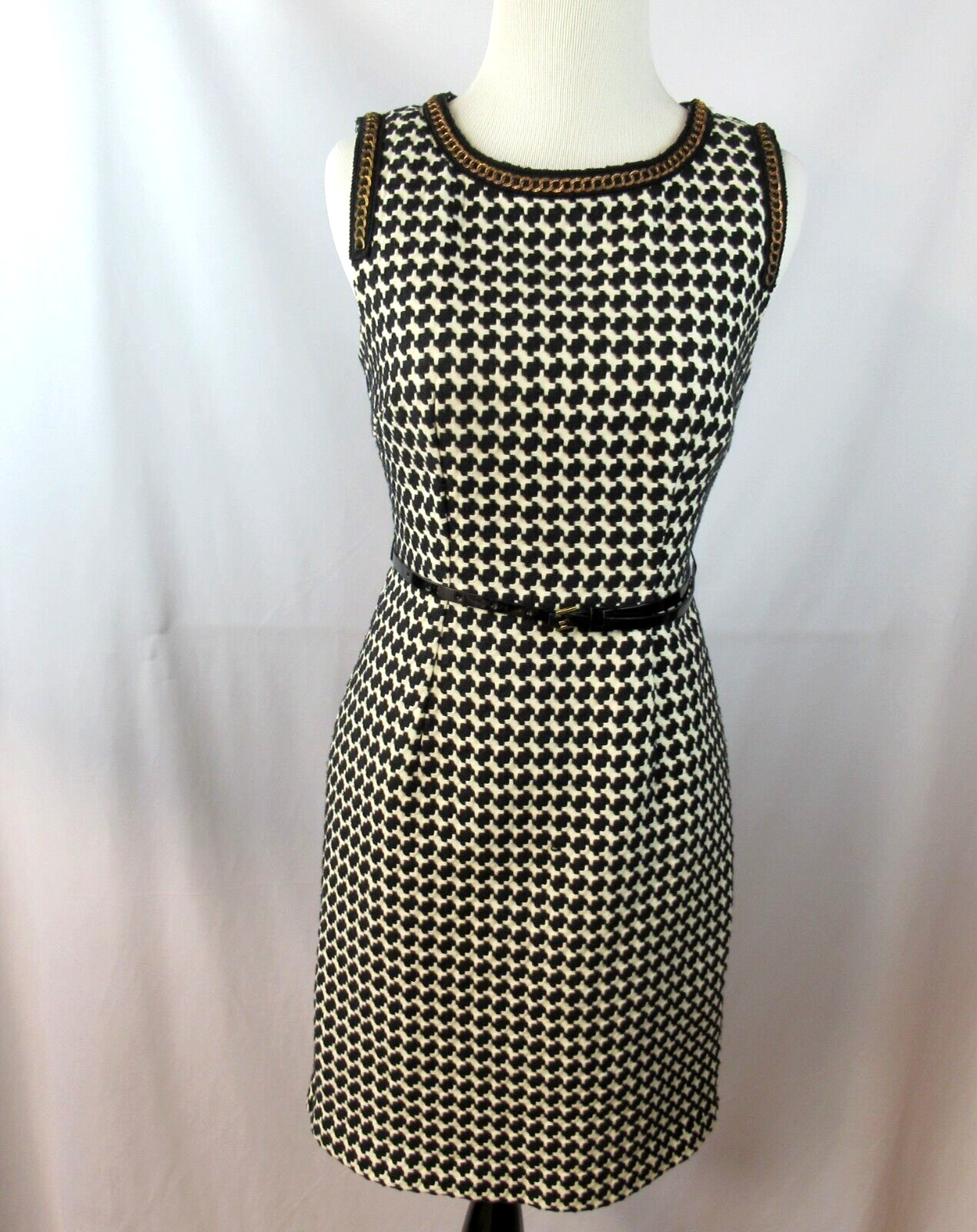 TRINA TURK Sleeveless Dress Size 2 Black White Houndstooth Belt Copper Trim