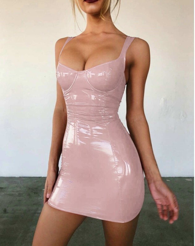 Women’s Latex Faux Leather Bodycon Mini Dress Summer Sleeveless Strap Sexy Tops