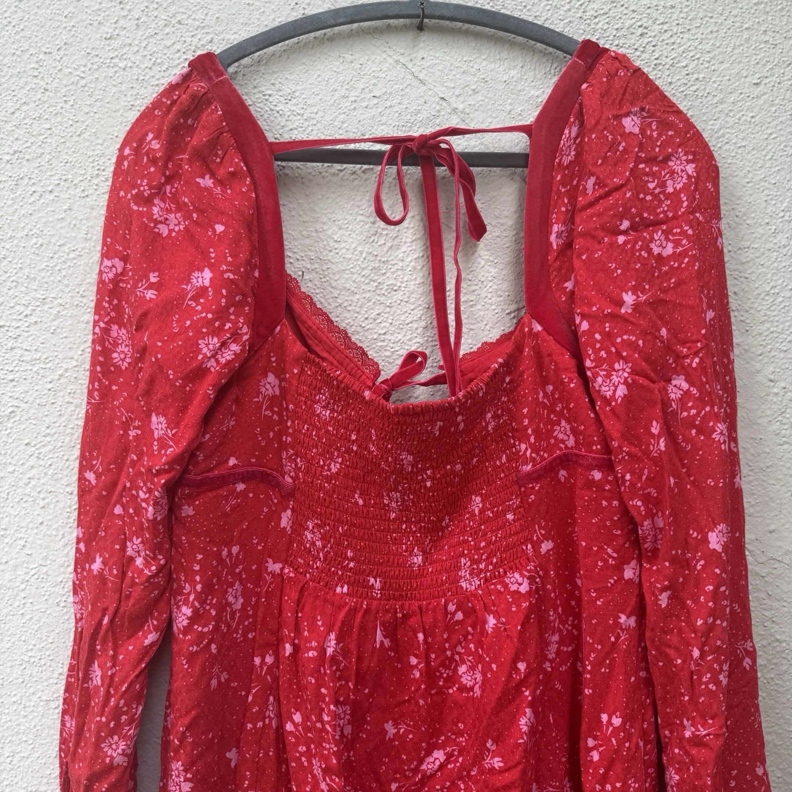 Free People Size XL Tess Mini Dress Red Floral Ruched Long Bell Sleeves