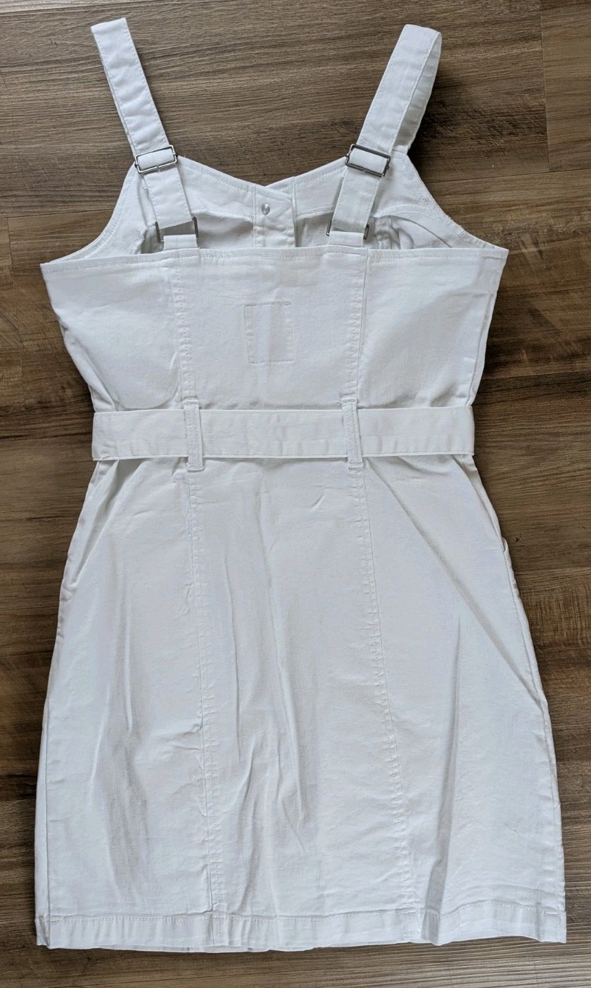 So Juniors Button Down Denim Buckle Straps Tie Waist Belt Overall Dress White M