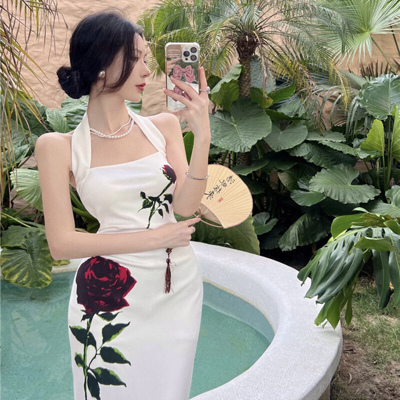 Women Sexy Open Back Mid Length Split Dress Summer Slim Fit Wrap Hip
