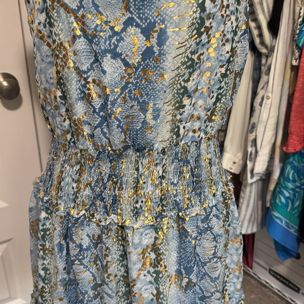 Blue Gold Snakeskin Smocked Tiered Sleeveless Dress M