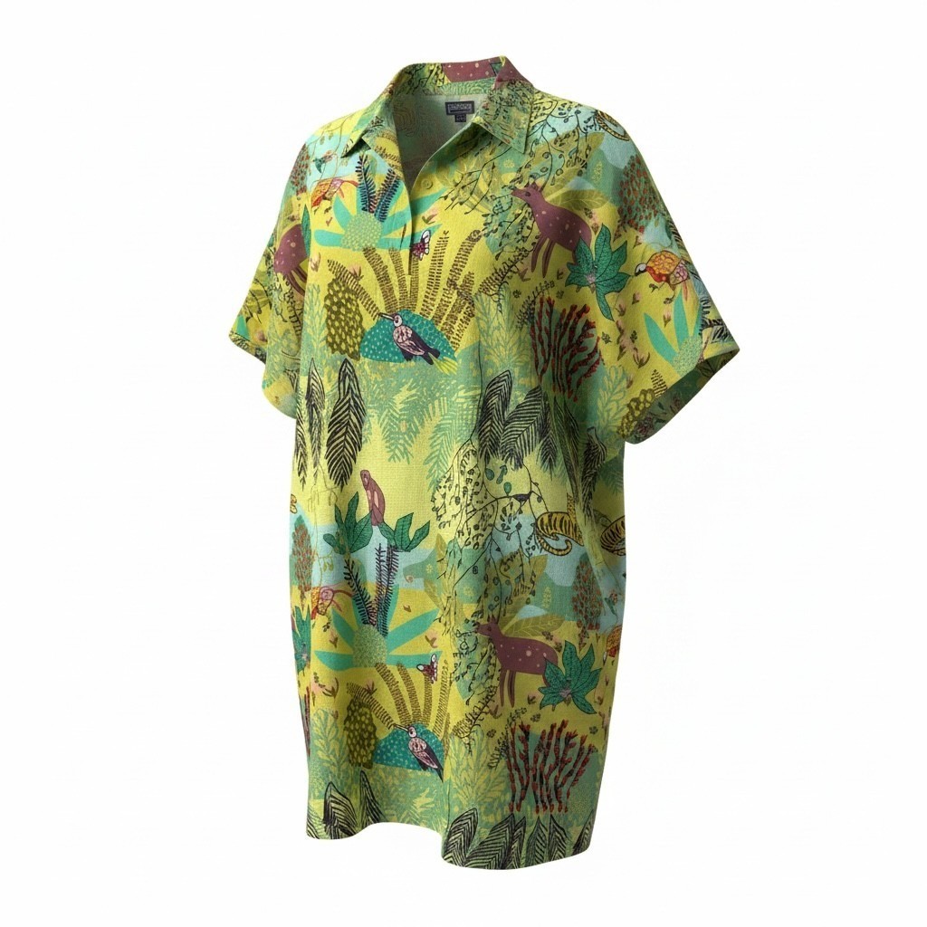 Vilebrequin Womens Linen Jungle Print Shirt Dress Yellow Green Animal Motif S