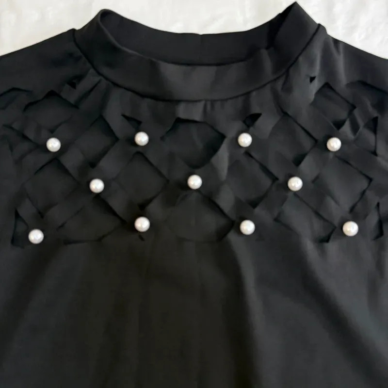 Chic Me Black Sleeveless Bodycon Dress Pearl Detail Neck Size L