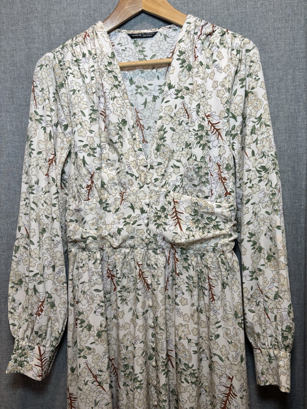SHEIN Long Sleeve V-Neck Dress With Light Floral Print Brown Branches Large