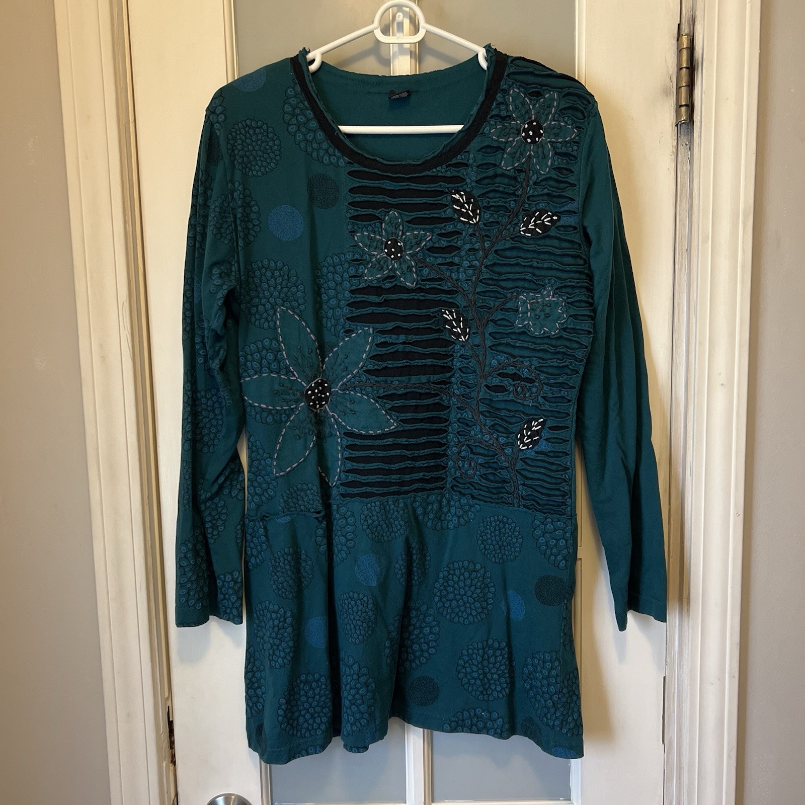 Women’s Dress Cotton Floral Size Large FLAWED Teal Blue Black Nepal