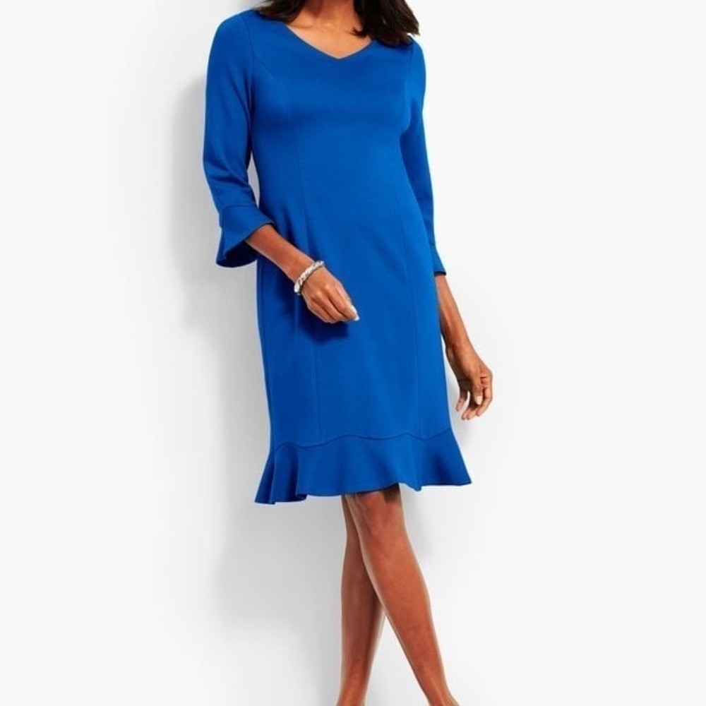 Vera Fishbaugh Sz XL Navy V Neck Midi Sheath Stretch Dress Scalloped Hem