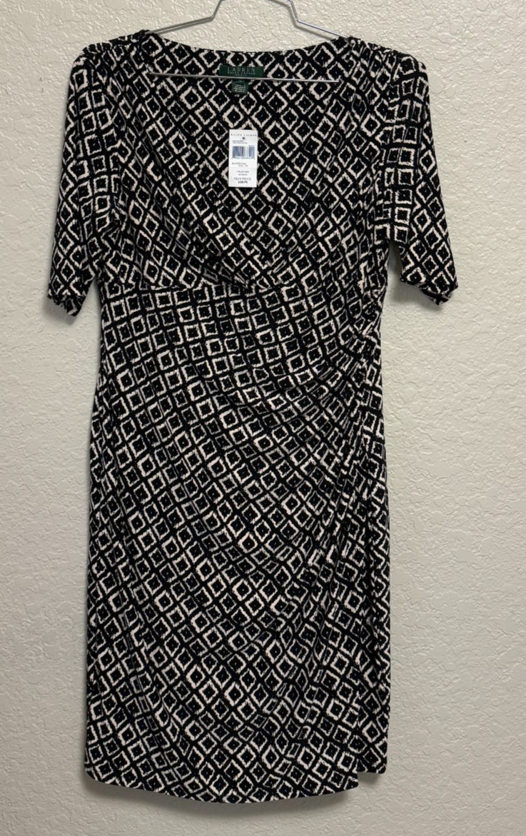 Ralph Lauren Black & Cream Faux Wrap Dress | NWT | Elbow Sleeve | Size 14