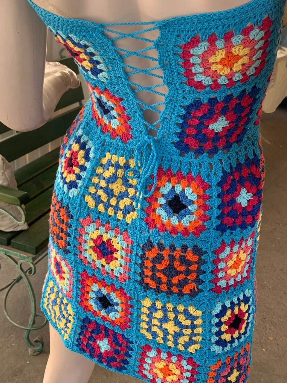 Handmade Granny Square Crochet Mini Dress Boho Festival Beach Cover Up