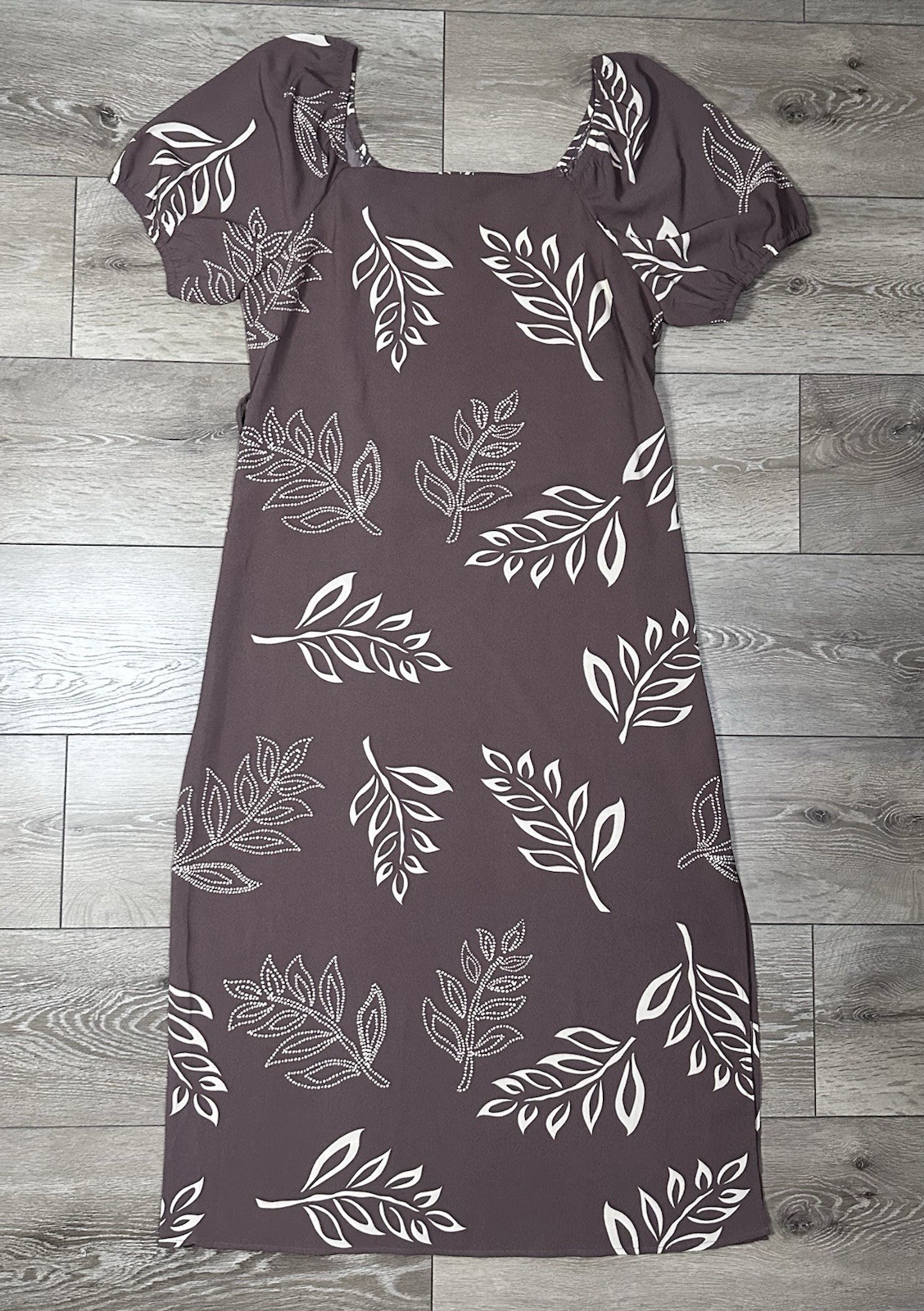 Absolutely Famous XL Square Neck Puff Sleeve Neutral Leaf Print Midi Dress Boho