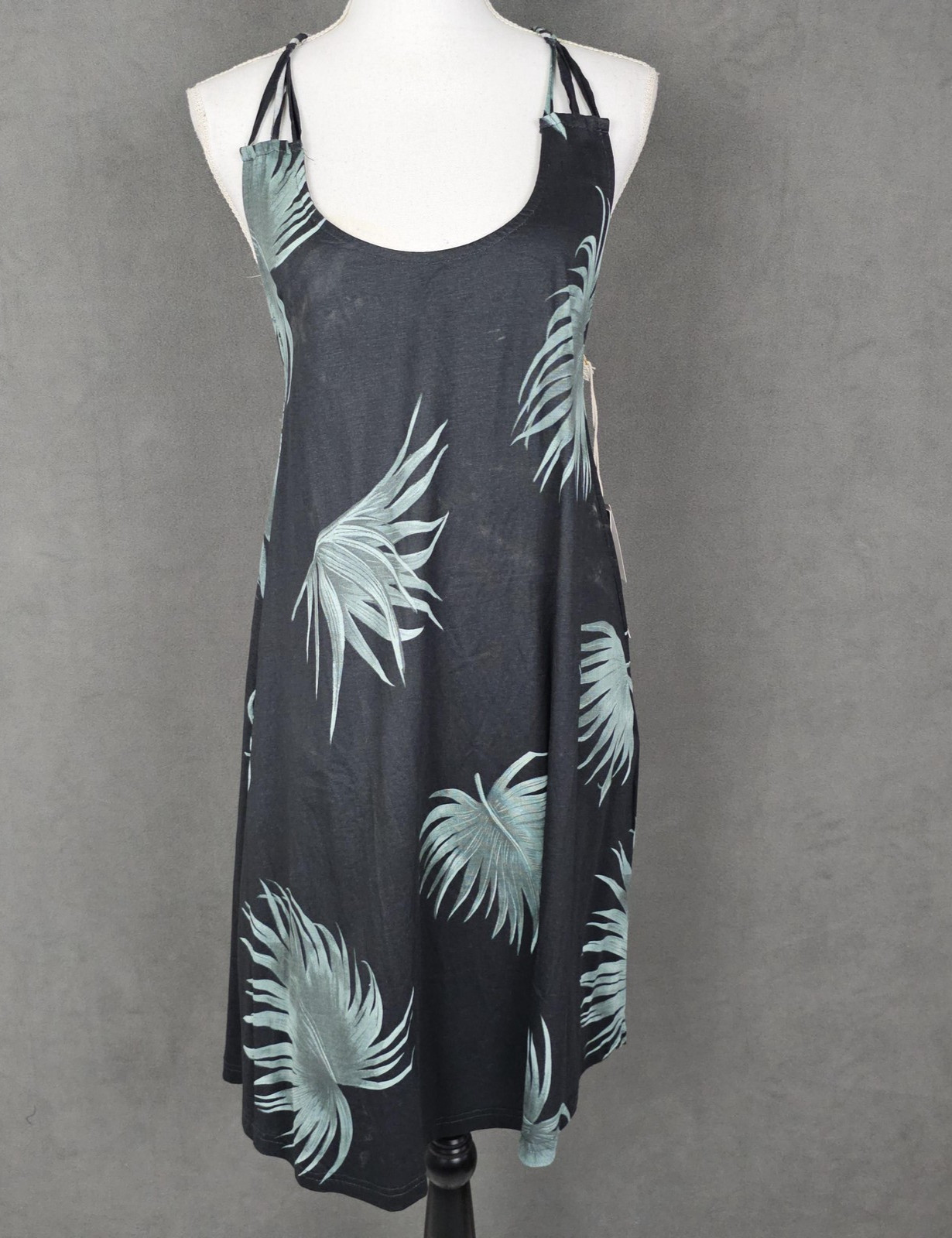 Lagaci Dress Womens Large Black Palm Print Strappy Sundress Beaded Summer Beach